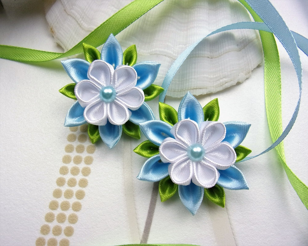 Fleur kanzashi bleu et blanc, Barrette cheveux mariage anniversaire, Pince cheveux fille