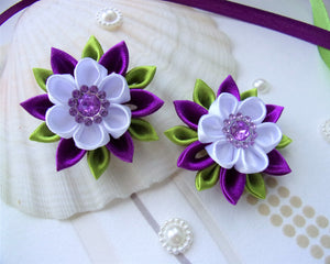 Fleur kanzashi blanc et violet, Barrette cheveux mariage anniversaire, Pince cheveux fille