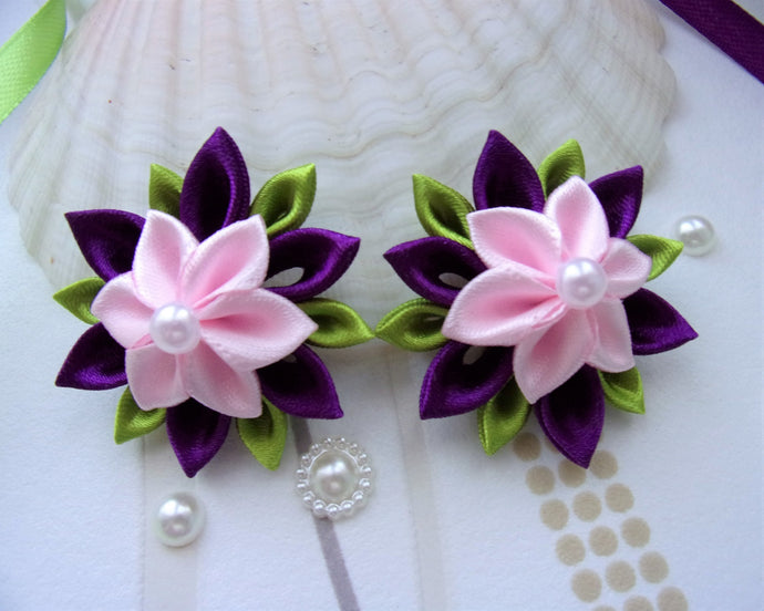 Fleur cheveux, Clip barrette fleur kanzashi en satin violet et rose