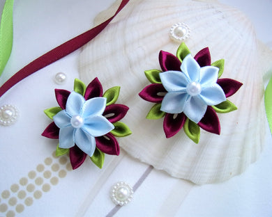 Barrette cheveux fleur kanzashi en burgundy et bleu, Pince cheveux fille