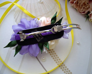 Barrette française avec fleurs en satin violet, crème et pêche, Pince cheveux mariage champêtre