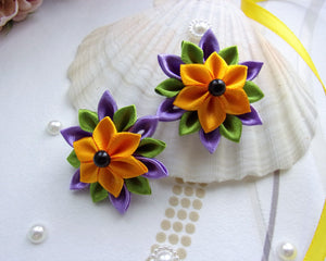 Barrette cheveux fleur kanzashi en violet et jaune, Pince cheveux fille