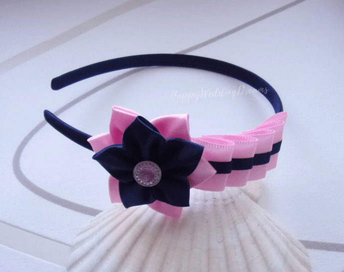 Serre-tête fille en rose et bleu marine, Bandeau cheveux mariage demoiselle d'honneur