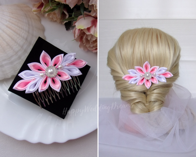 Peigne à cheveux mariage fleurs kanzashi blanc et rose, Barrette cheveux en satin