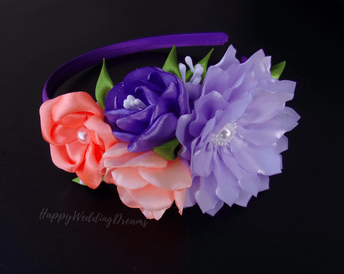 Serre-tête avec fleurs en violet et orange, Bandeau cheveux fille, Diadème floral