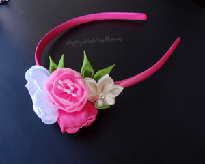 Serre-tête avec fleurs en satin rose et blanc, Bandeau cheveux fille, Diadème floral