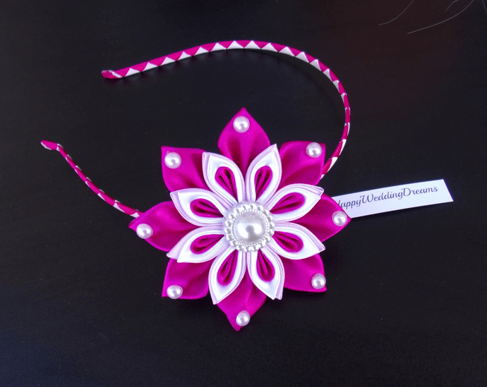 Serre-tête fille fleur kanzashi ultra violet, Bandeau cheveux fleur en satin, Diadème