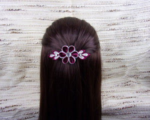 Barrette française avec fleurs kanzashi en bordeaux et gris, Pince cheveux longs