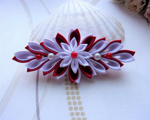 Pince à cheveux longs, Barrette française avec fleur kanzashi en blanc et rouge