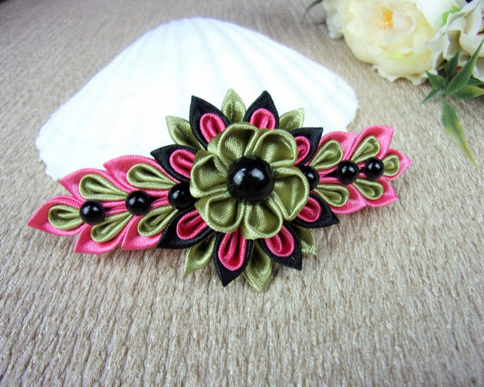 Barrette française originale avec fleurs kanzashi en rose, olive et noir, Pince cheveux longs