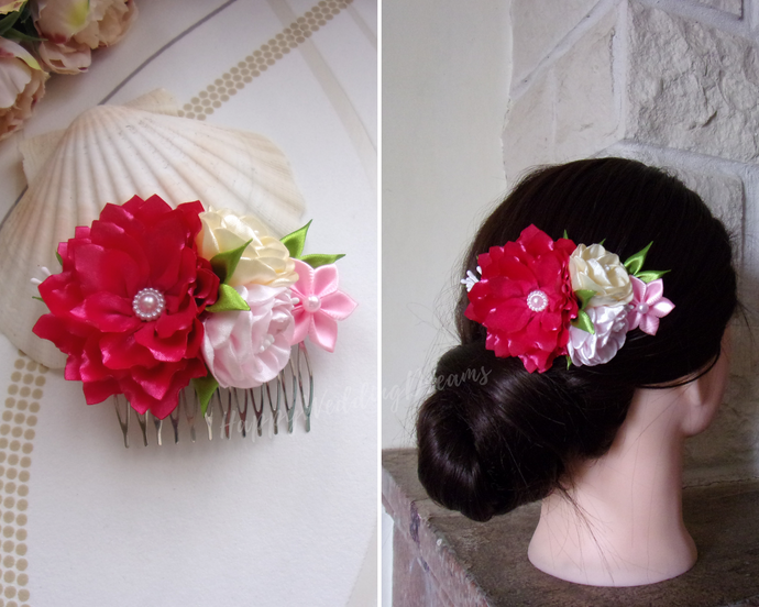 Mariage Peigne cheveux style champêtre avec fleurs en satin, Barrette cheveux florale