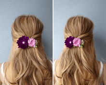 Charger l&#39;image dans la galerie, Barrette française avec fleurs en satin violet et lilas, Pince cheveux mariage champêtre