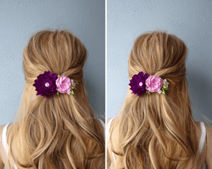 Barrette française avec fleurs en satin violet et lilas, Pince cheveux mariage champêtre