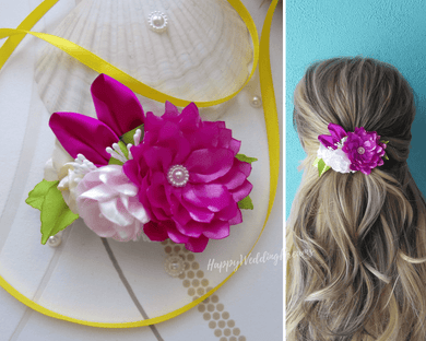 Barrette française florale en rose foncé pour mariage champêtre, Pince cheveux fleurs