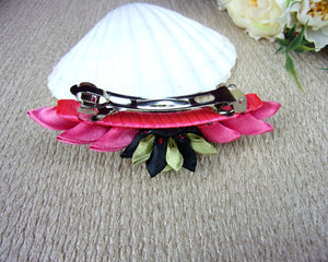 Barrette française originale avec fleurs kanzashi en rose, olive et noir, Pince cheveux longs