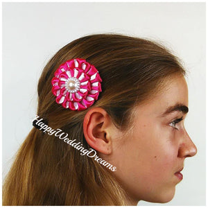 Pince à cheveux avec fleur kanzashi en satin rose et blanc, Petite barrette pour fille