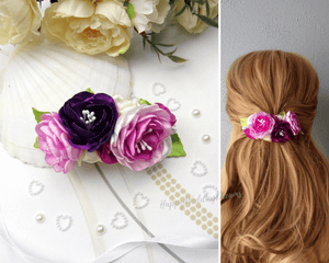 Barrette française avec composition florale en satin violet et lilas, Pince cheveux fleurs
