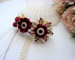 Barrette française pour cheveux longs avec fleurs kanzashi en bordeaux et crème, Pince cheveux