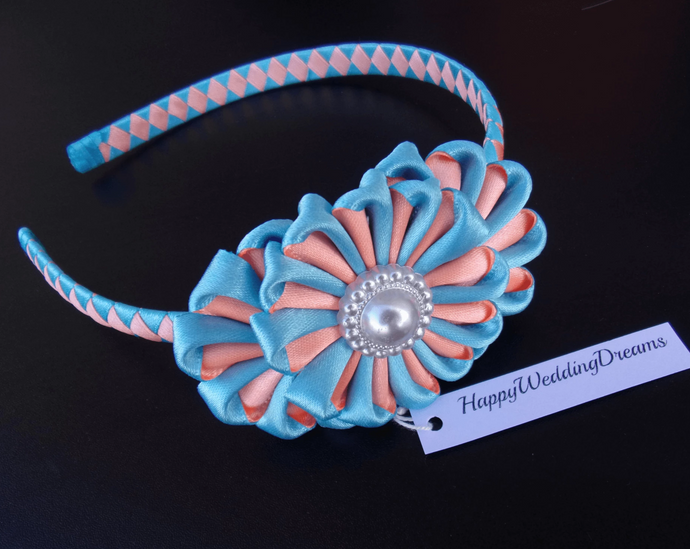 Bandeau cheveux fleur en satin, Serre-tête fille fleur kanzashi bleu et orange, Diadème