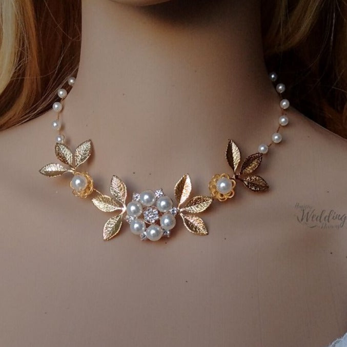 Collier de mariage en perles et feuilles dorées, Parure florale de mariée, Bijou mariage